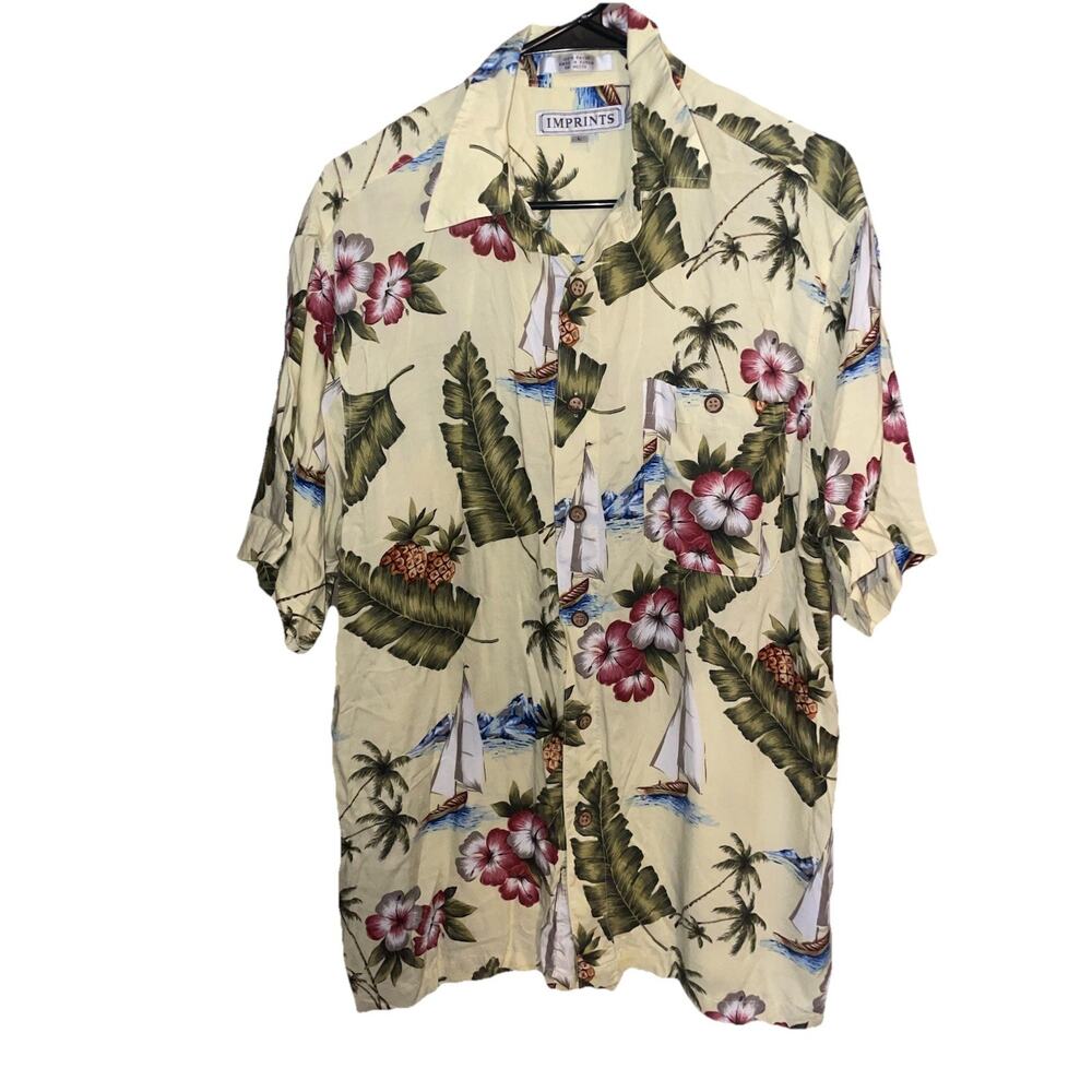 Imprints Men's Large Hawaiian Shirt 100% Rayon Yellow Floral EUC Sz Large